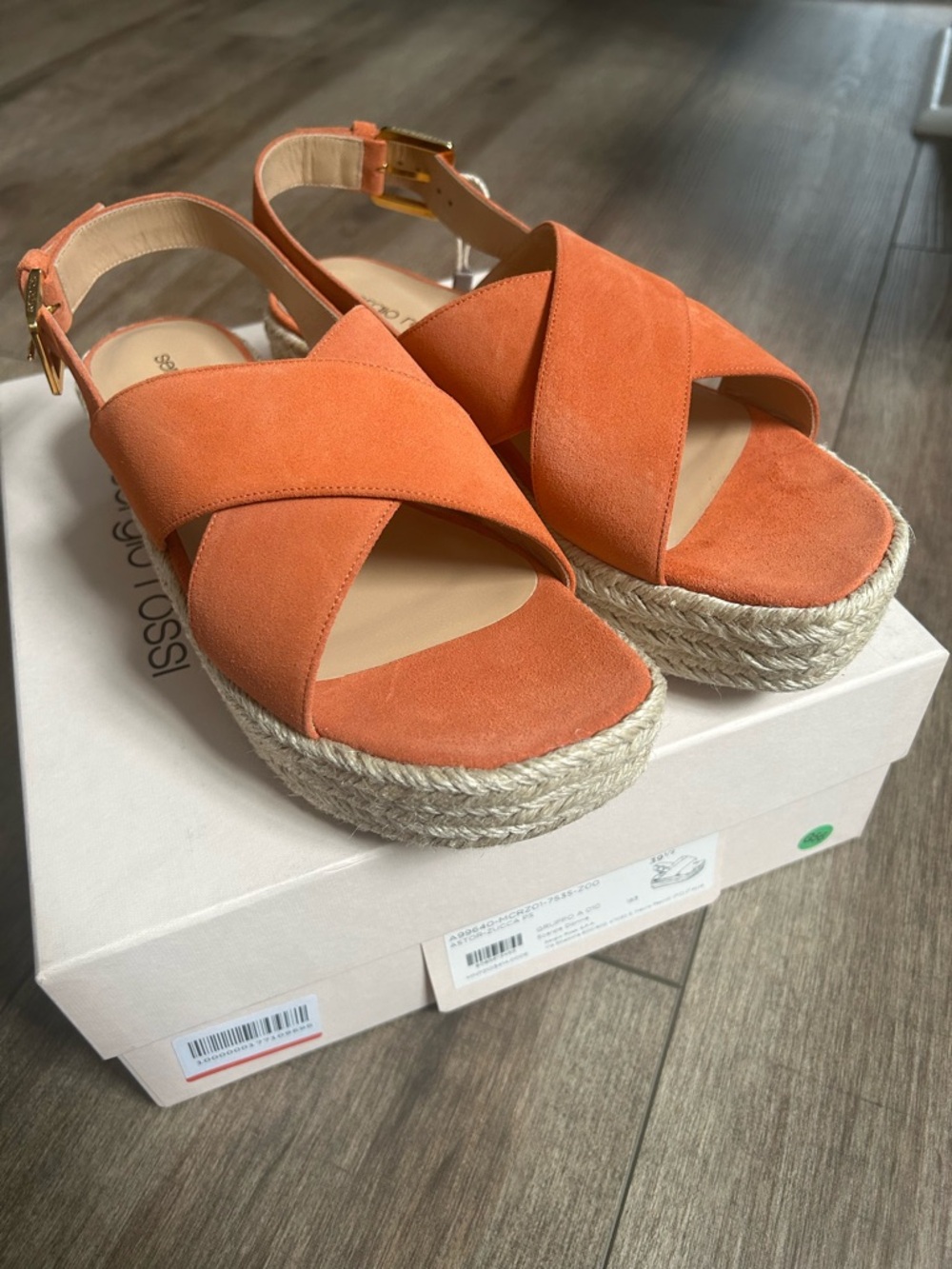 NIB Sergio Rossi Orange Suede Crossband Espadrille Platforms SZ 39.5